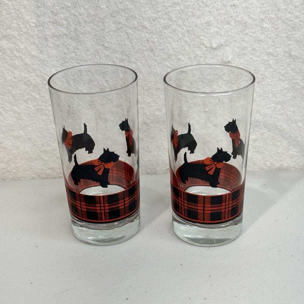 Anchor Hocking Fitz Scottie Dog Black/Red Tartan Plaid Highball Glasses Set Of 2